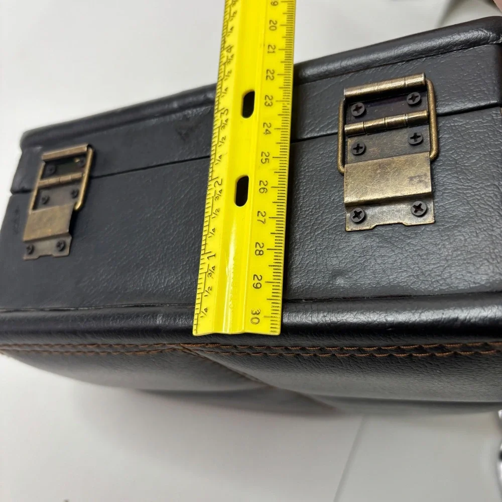 Vintage Black Faux Leather Quilted Decorative Box Travel Case Velvet Lined 10.5